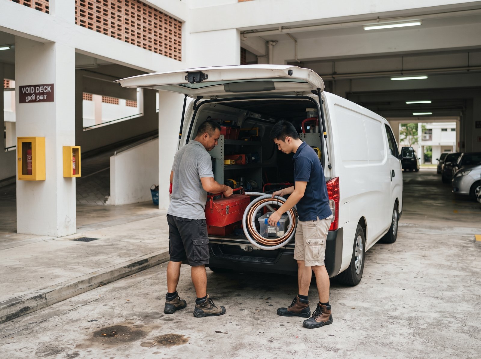 Daljit Aircon crew loading tools and equipment at their service van in Singapore