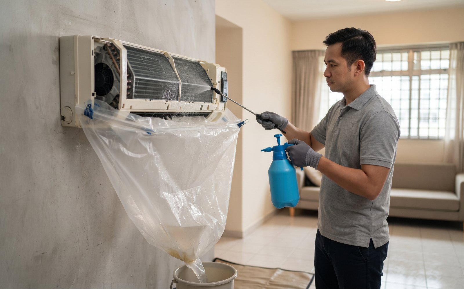 Chemical wash servicing of an air-conditioning fan coil unit in Singapore