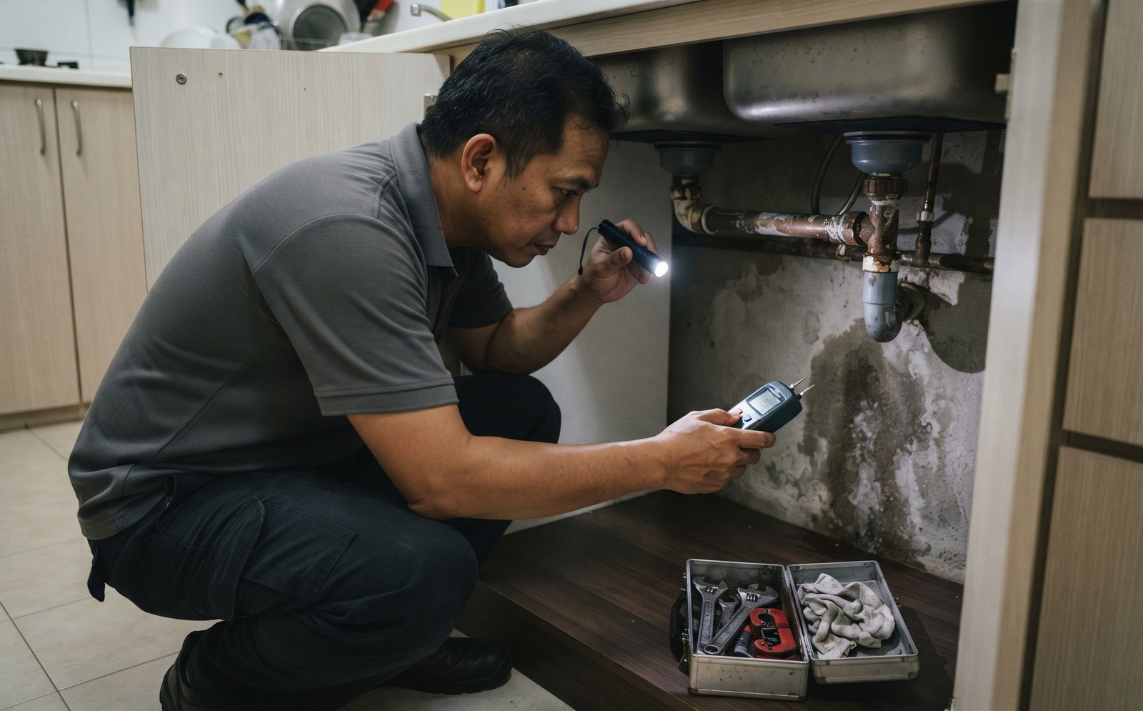 Plumber checking for a hidden pipe leak in a Singapore flat