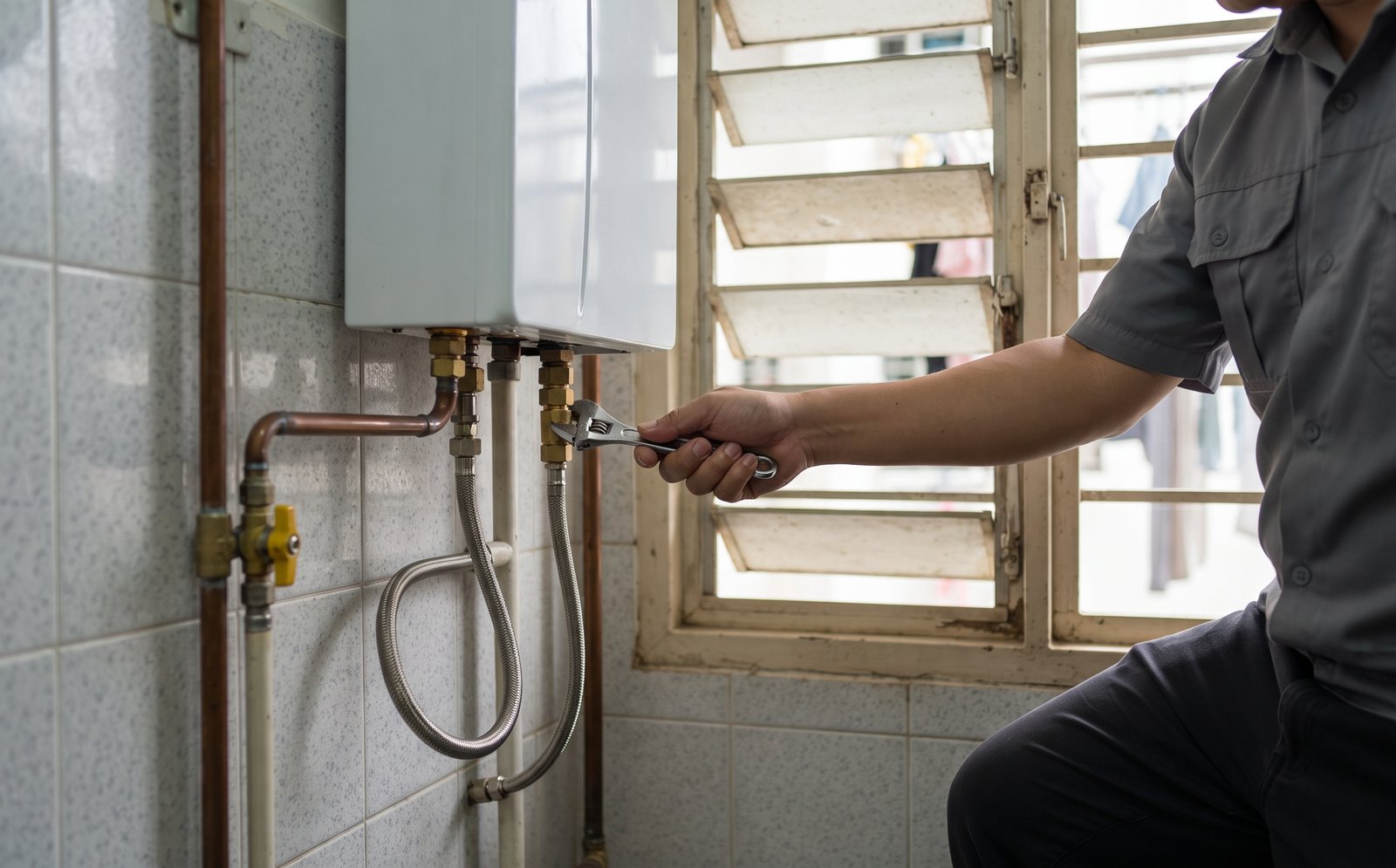 Gas water heater mounted in the service yard of a Singapore HDB flat