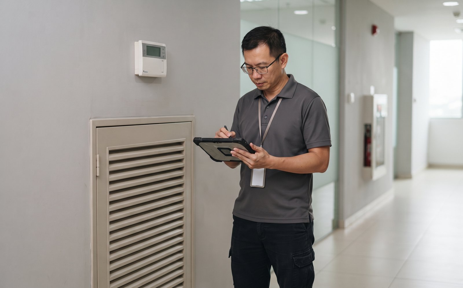 Technician logging a maintenance visit on a tablet in Singapore